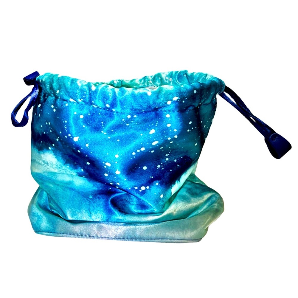 La Mer Luxury Cosmetic Travel Pouch Blue Satin Drawstring Ocean Print Beauty Bag - Picture 3 of 6